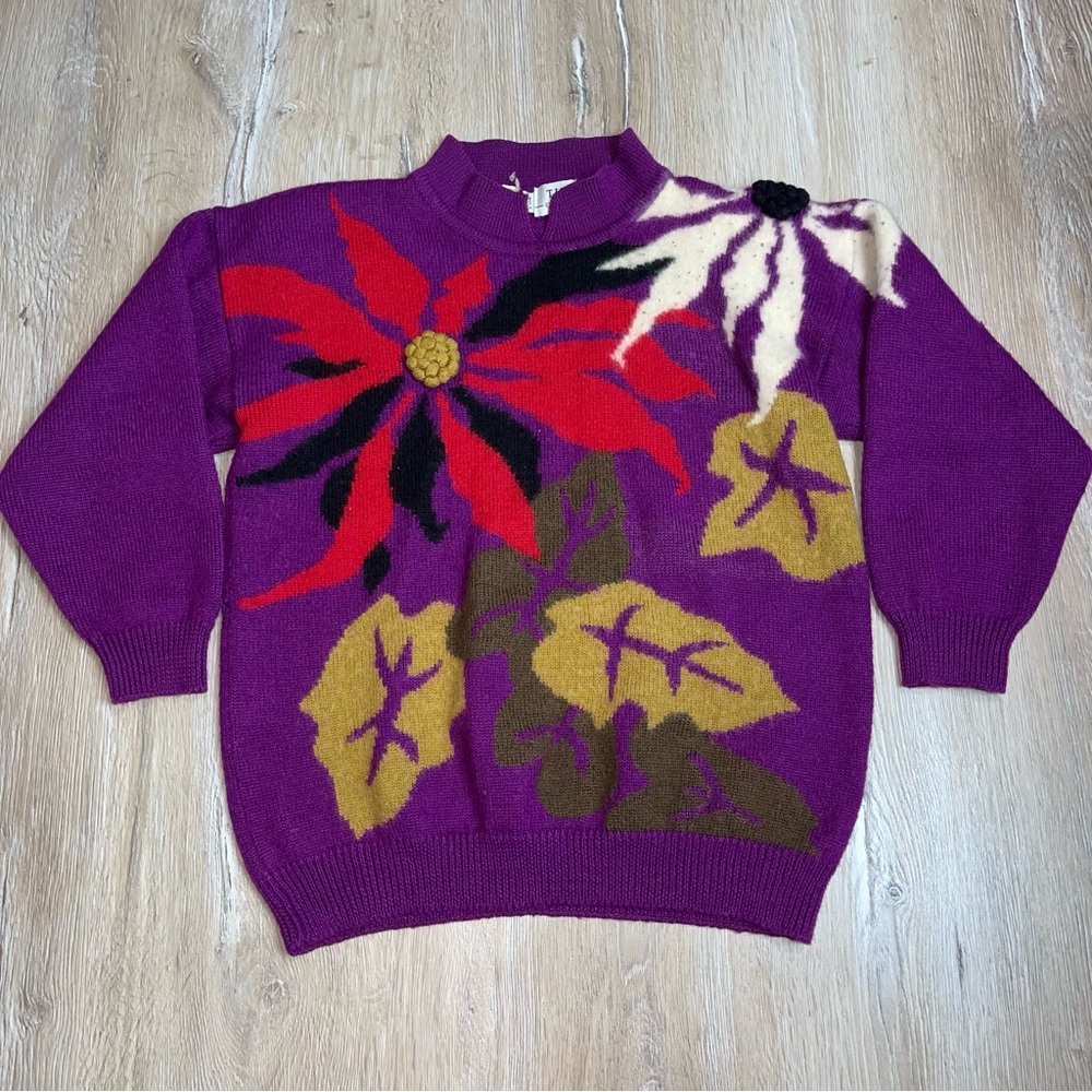 Vintage TIGI Exclusive Women’s Purple Wool Blend Floral Embroidery Sweater Retro